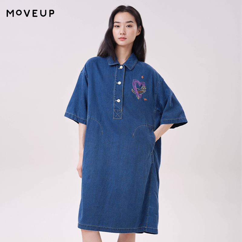 Midi Dress - MOVEUP Lyocell-Jeanskleid mit Polokragen, Herz-Katzen-Stickerei, Seitentaschen,