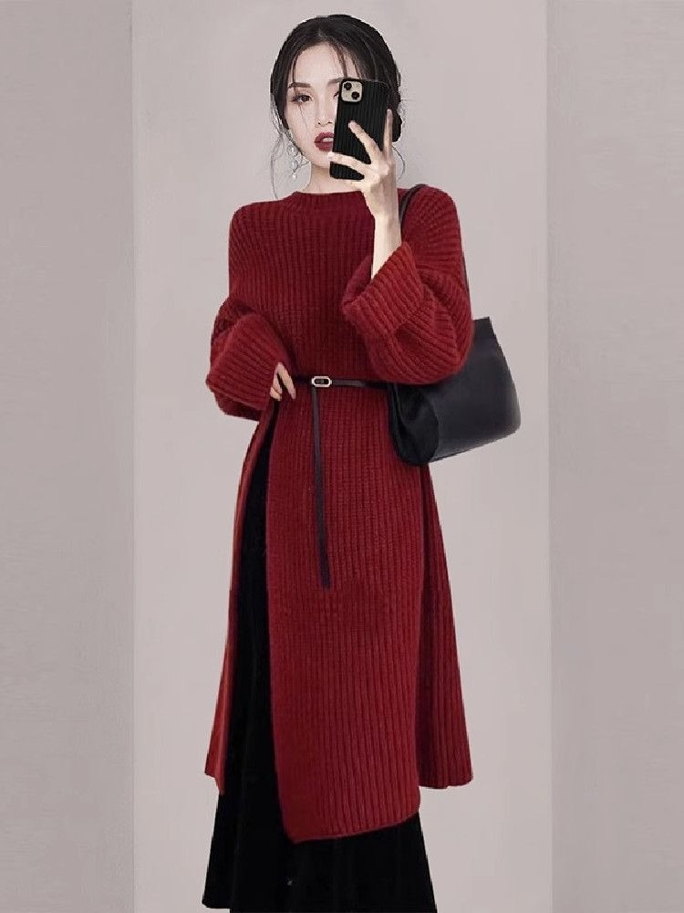 Women'S Red Formal Wear - Elegantes Rotes Strickkleid für Damen Herbst