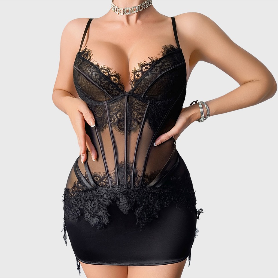 Lace Dress - Ellolace Willowy Dessous-Set, verführerisches Mini-Kleid mit