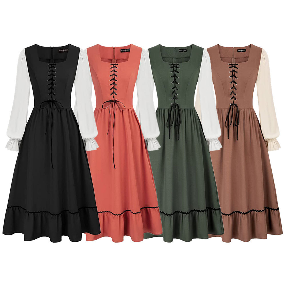 Midi Dress - Damen Vintage Mittelalterliches Hofkleid, Midi-Länge, Einfarbig